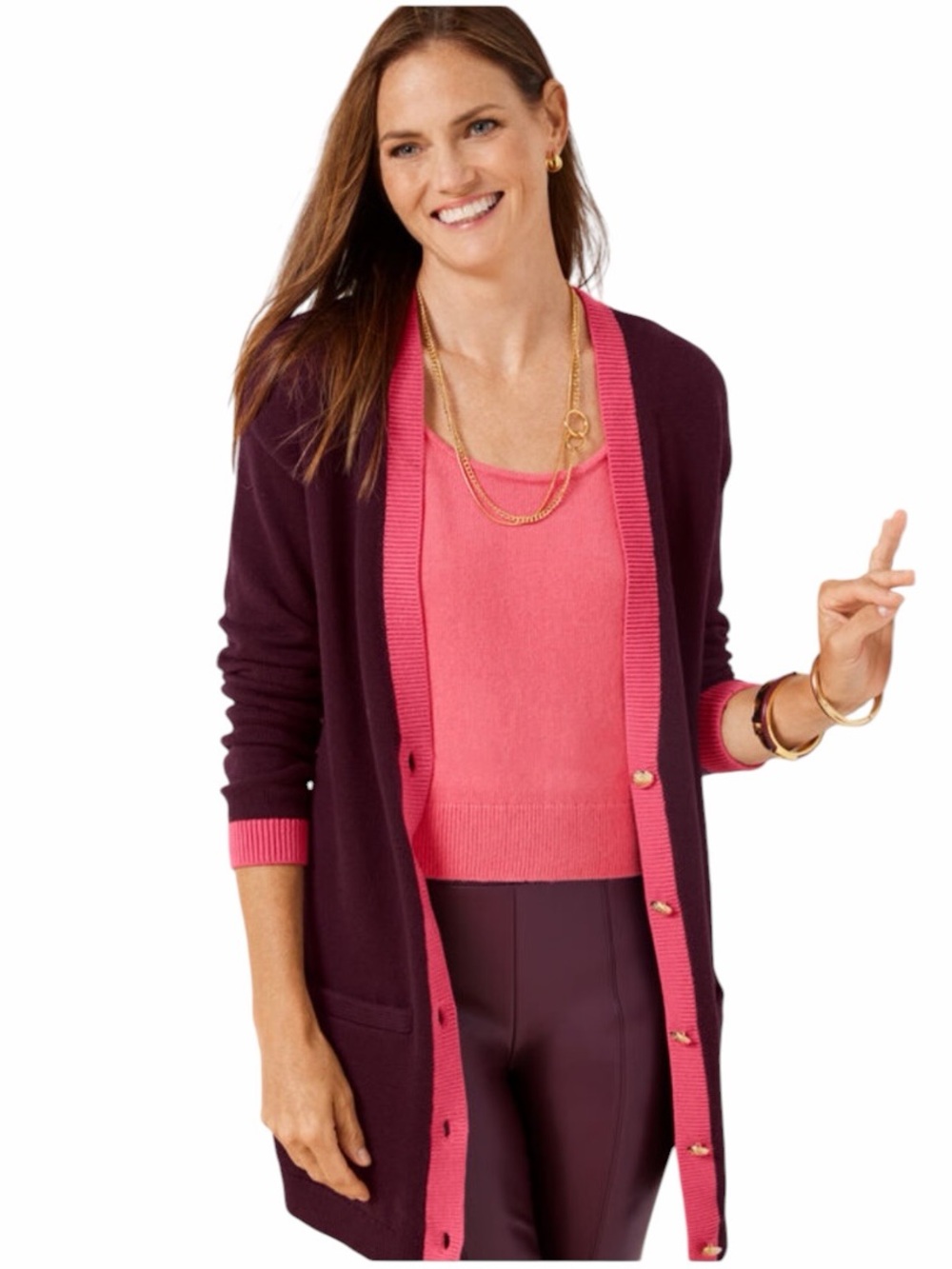 Talbots - NWT Tipped V-Neck Longline Cardigan Burgundy Pink Sz L